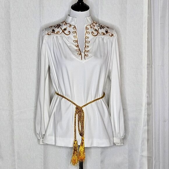 Vintage Caron Chicago Metallic Embroidery Stone Accents Pullover White Blouse - Picture 2 of 16